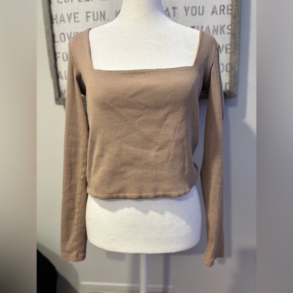 Zara Tops - Zara Tan Long Sleeve Women's Square Neck Ribbed Crop Top L